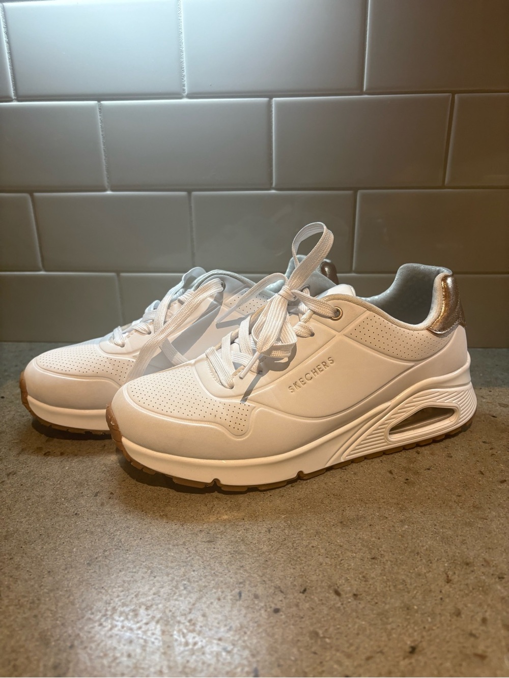 Skechers White Platform Sneakers with Metallic Silver Heel Accent
